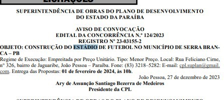 lici Governo da Paraíba anuncia aviso de licitação para construção do Estádio Municipal de Futebol de Serra Branca